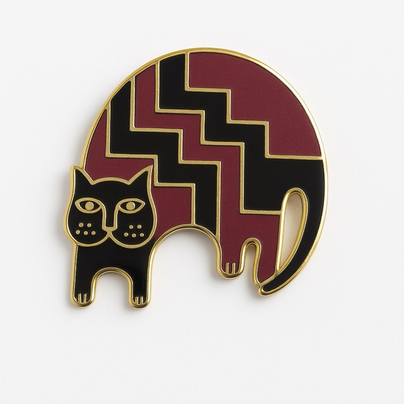 LAUREL BURCH Burgundy Black Enamel Aztec Cat Cloisonné Brooch 1980s Vintage - Picture 1 of 10